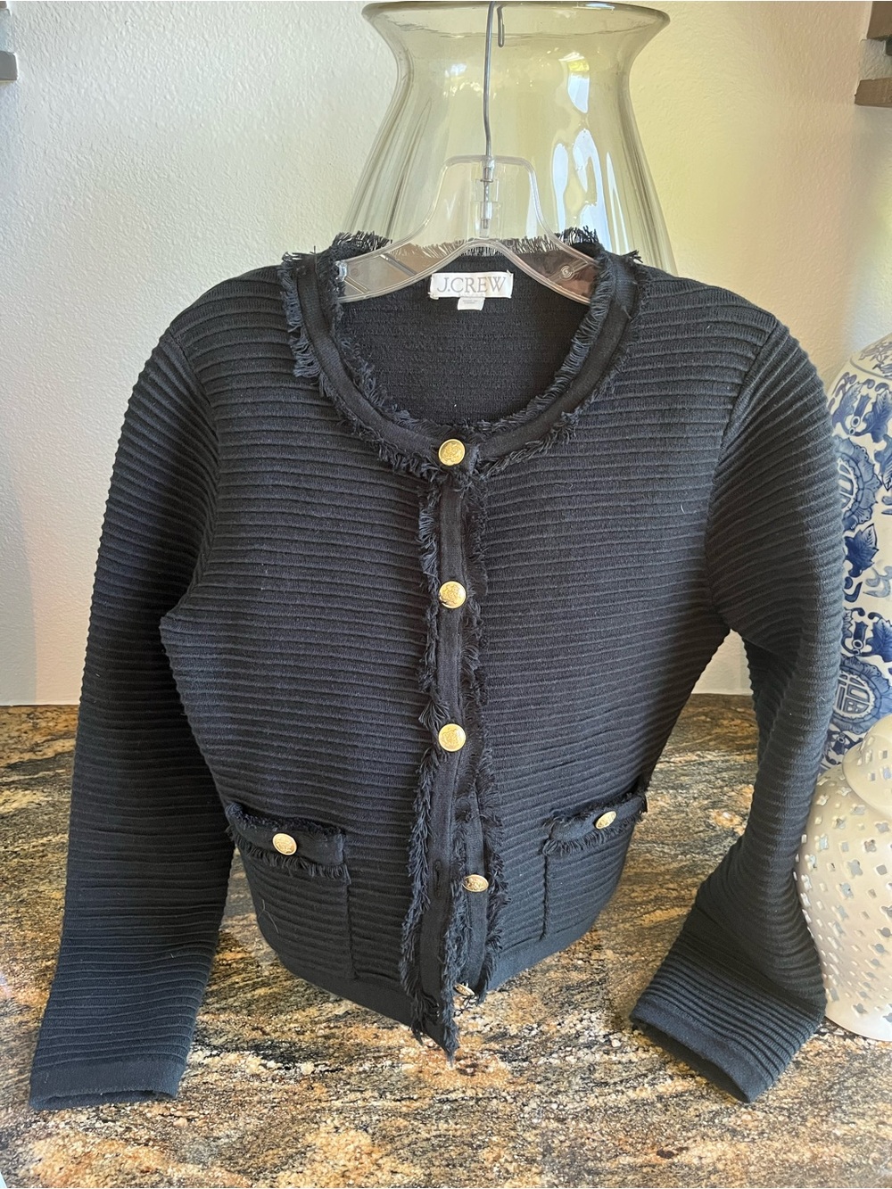 J. Crew Black Ribbed Fringe-Trim Gold-Button Cardigan